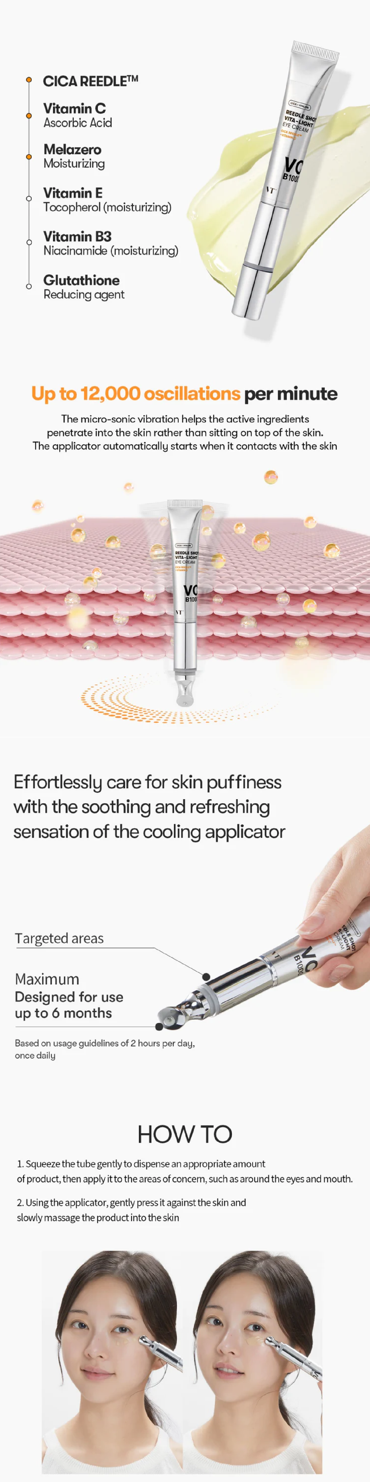 VT Cosmetics Reedle Shot Vita-Light Eye Cream benefits and usage instructions, highlighting technology and ingredients.
