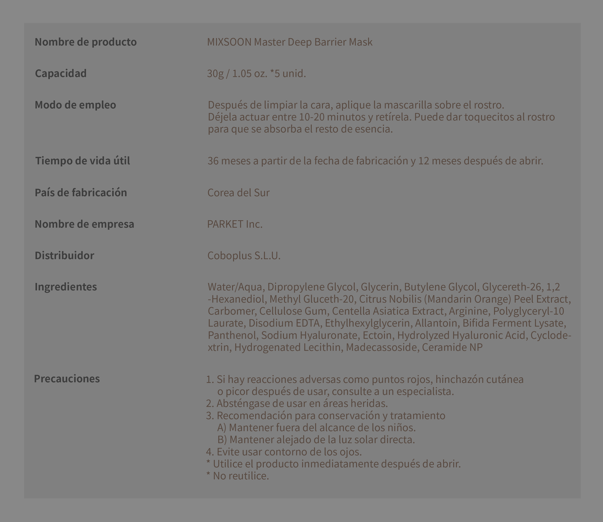 MIXSOON Master Deep Barrier Mask (5 unidades) MIXSOON