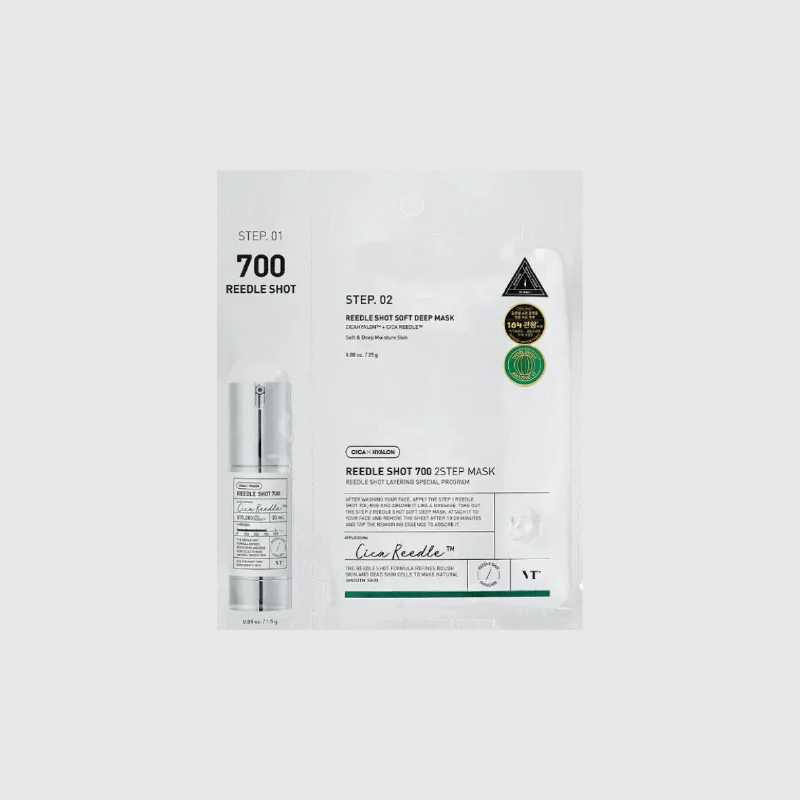 VT COSMETICS Reedle Shot 700 2-Step Mask package showing essence and sheet mask for skin revitalization.