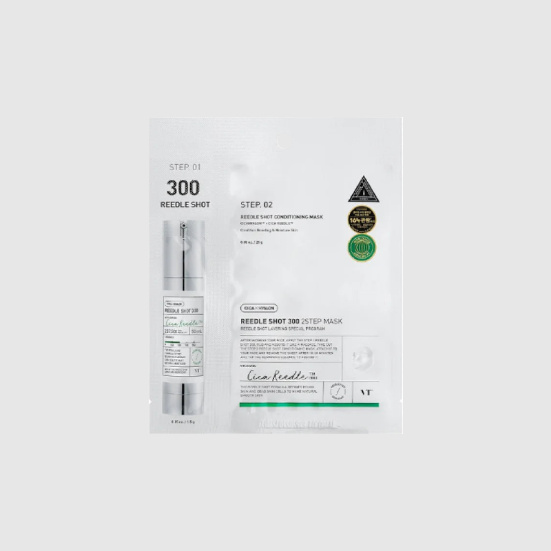 VT Cosmetics Reedle Shot 300 2-Step Mask packaging, featuring step 1 and step 2 for radiant skin.